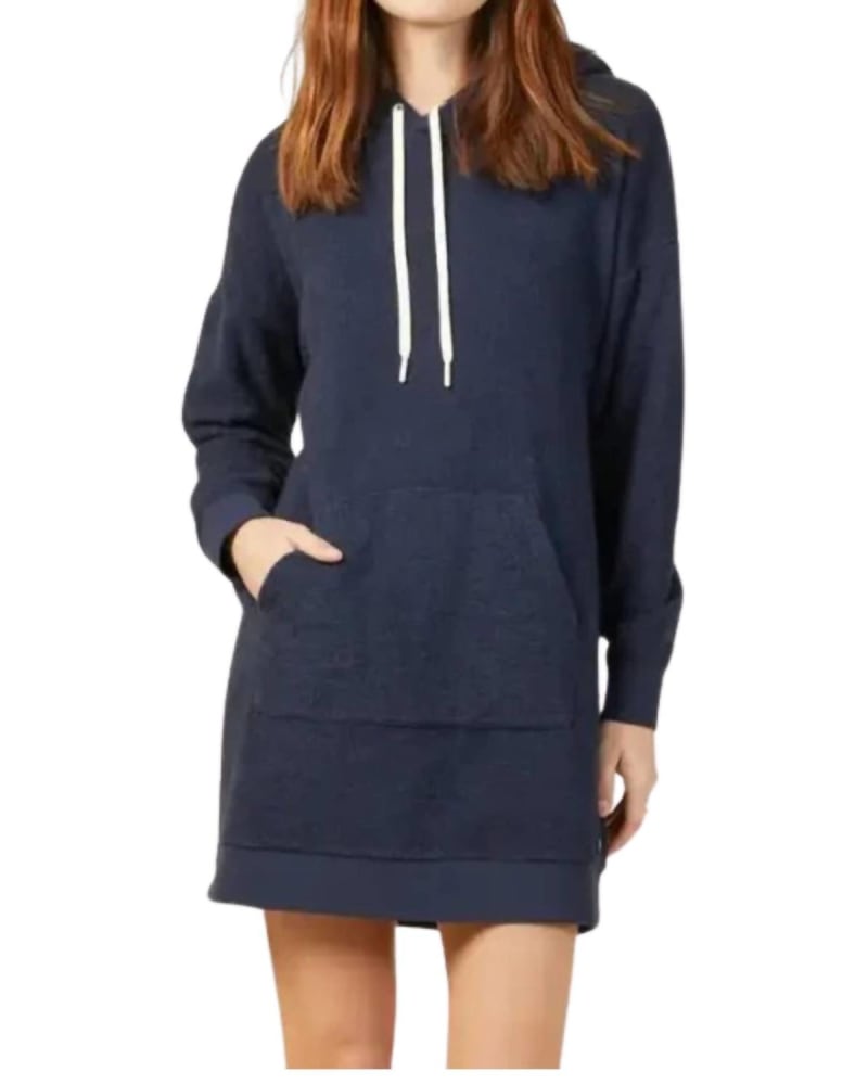 Front of a model wearing a size L Hightide Hoodie Dress in Night in Night by Outerknown. | dia_product_style_image_id:364169